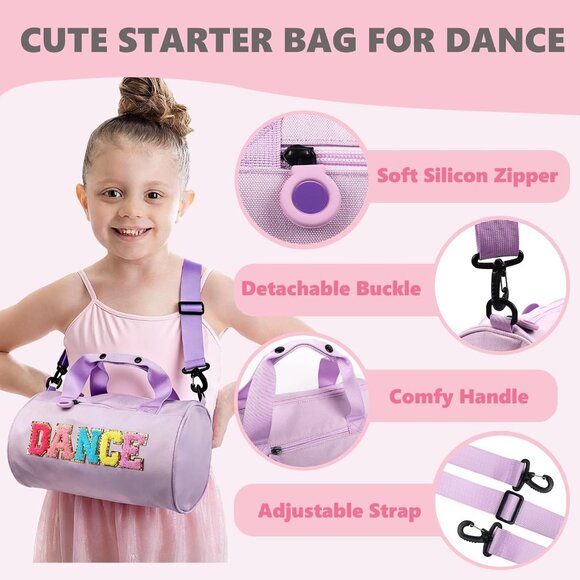 Fashionable Duffle Bag for Kids - Cute Purple Dance Bag with 'DANCE' Embroidery - Picture 5 of 7